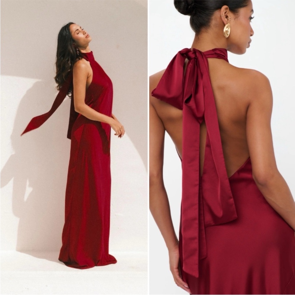 NEW Show Me Your Mumu Lisa Maxi Halter Dress in Cranberry Luxe Satin Red Small